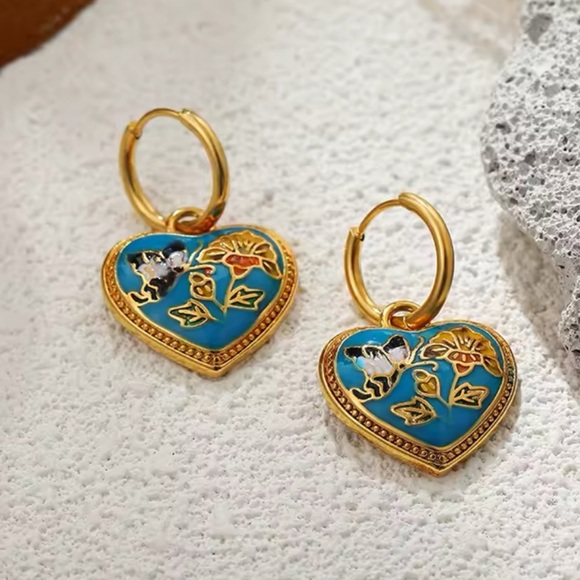 Vintage Ethnic Blue Enamel 18K Gold Stainless Steel Gold Heart Earrings - Picture 1 of 5